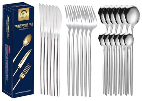 HQILRRA Set de couverts en argent 24 pièces, Set de couverts en acier inoxydable argenté pour 6 personnes, couteau/fourchette/cuillère inclus, poli miroir, confortable au toucher, facile à nettoyer