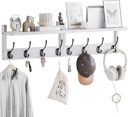 STELLSTAR Wandgarderobe mit Ablage, Bambus Wandregal mit 8 Haken, 40 cm, Wandmontiertes Hängeregal den Flur, zur Aufbewahrung von Kleidung (Weiß+Schwarz)