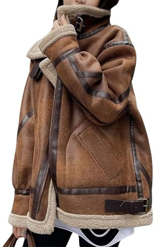 loveimgs Women Oversized Faux Suede Moto Jacket Sherpa Fleece Lined Leather Jacket Aviator Shearling Fur Coat Overcoat (Large, Brown)