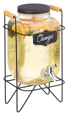 Relaxdays Dryckesdispenser med stativ, limobehållare 4 l, kran och lock, vattendispenser, glas, transparent/svart