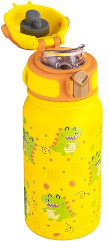 OLDLEY Borraccia Termica Bambini 350ml/12oz Acciaio inox a doppia parete termico e antiperdita. Mantiene caldo/freddo a lungo design compatto con maniglia pratica per scuola, sport e viaggi（Dinosauri）