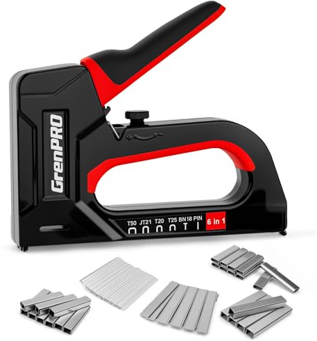 GRENPRO Pistola grapadora, clavadora manual 6 en 1 con 5000 grapas, pistola grapadora de tapicería para madera, carpintería, manualidades, muebles