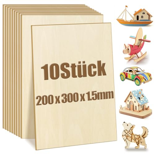 10 Stück 200 x 300 x 1.5 mm Unvollendete Holzplatte zum Basteln | Sperrholzplatten zum Laserschneiden und Gravieren für Heimwerkerprojekte, Zeichnen, Architekturmodelle