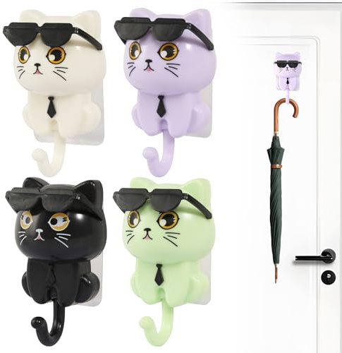 4 Stück Cute Katze Haken Selbstklebend Klebehaken Kinder Wandhaken ohne Bohren Wanddeko Wohnzimmer Schlafzimmer Wanddekoration Haken Küche Türhaken Schlüsselhaken Schlüsselbrett Katze Badezimmer Deko