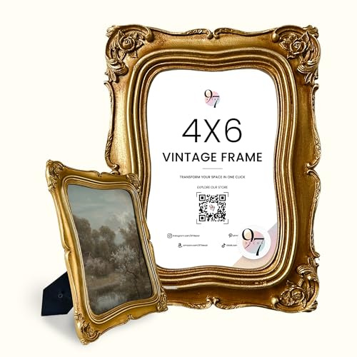 97 Decor Vintage Picture Frame 4x6- Gold 4x6 Picture Frame, Elegant Antique Frames 4 x 6 With Glass Front, Fancy Ornate Frame 4x 6 For Photo Display Tabletop And Wall Mounting
