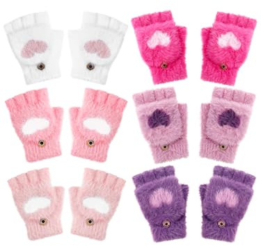 Geyoga 6 Pares Guantes de Medio Dedo para Niños Invierno Mitones sin Dedos Abatibles de Corazón(Vívido,8-12 años)