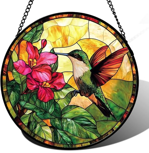 AMDERVEN Buntglas-Sonnenfänger, Kolibri, rote Blumen, grüne Blätter, Sonnenfänger, Fleckenglas, Fensterdekoration, Muttertag, Geburtstag, Geschenke für Vogelliebhaber, Frauen, Männer, Mutter, Oma, 16