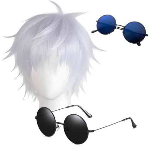 Satoru G. Perücke Mütze Kurz gewelltes Haar Mütze hell Weiß Mix Silber Perücke Anime Cosplay Sonnenbrille Kostüm Requisiten Zubehör 3 Stück