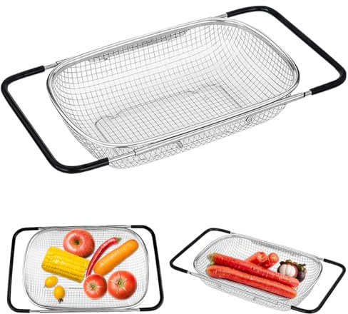 Scolapasta da Lavello con Cestello a Rete Fine,Colino Ovale in Acciaio Inox,Setaccio Estensibile per Lavello,Scolapasta per Stoviglie,Colino Cucina per Scolare,Filtrare e Sciacquare Frutta e Verdura