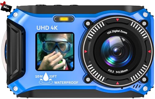 Appareil photo numérique – Caméra sous-marine 4K 56 MP 10 m UHD pour plongée avec tuba avec carte de 32 Go, double écran, compact, étanche, résistant à la poussière – Appareil photo numérique