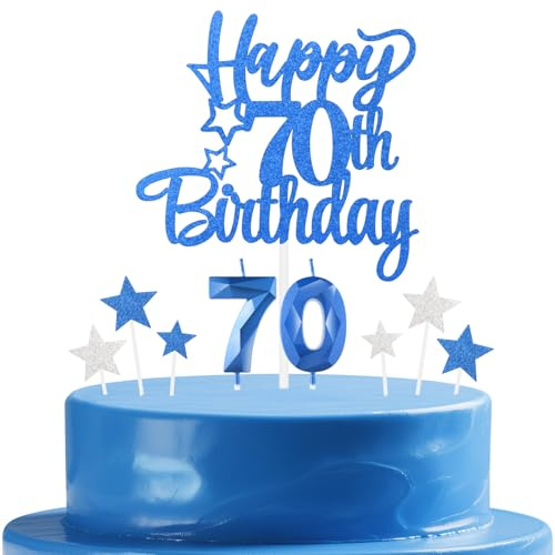 mciskin Royal Blue 70th Birthday Candles Cake Toppers Set,70th Birthday Decorations for Men,Sapphire Number 70 Candle for Cake,Royal Blue and Silver Star Cake Toppers for Men Women Birthday Party