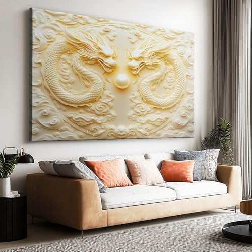 Lienzo decorativo para pared de 160 x 80 cm, sin marco, diseño de dragón oriental en relieve 3D, impresión artística grande, XXL, para salón, dormitorio, decoración de pared