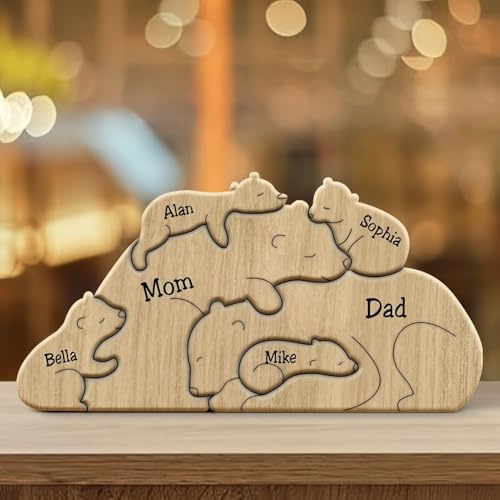 Drawelry Personalisierte Bär Statue Holzpuzzle mit 2-9 Namen Gravur Dekoration Holz Handwerk Bären Familien Skulptur Puzzle Deko Ornament Weihnachte Geburtstag Geschenk für Familie Freunde Paare (A12)