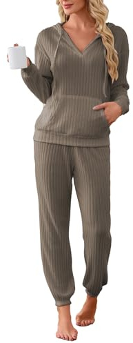 Famulily Casual 2 Piece Lounge Set Womens Ribbed V Neck Hoodies and Jogging Bottoms, Ladies Tracksuits Soft Leisure Suits Long Sleeve Pyjamas Nightwear (M, Coffee)