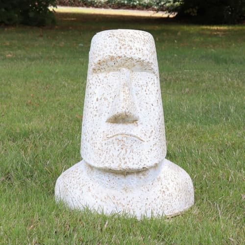 Oriental Galerie Osterinsel Moai Kopf Stein Steinfigur Gartenfigur Lavastein Figur Statue Steinguss Frostsicher für innen und außen Weiß 30 cm