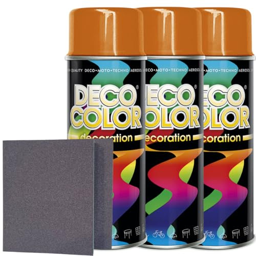 Craft-Equip DC 3er Sparpack Lackspray nach RAL in 400ml zur Lackierung von Auto Stahl Aluminium Beton Holz und 2 Stück Schleifpads (3 Dosen in orange glanz RAL 2004 + 2 Stück Schleifschwamm)