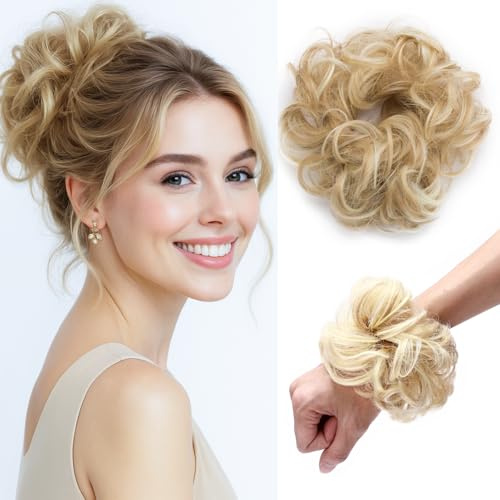 Benehair Haarteil Mit Gummiband, Dutt Haarteil Gelockt Haargummi Mit Haaren Synthetisch Haargummi mit Haaren für Damen Mädchen Pferdeschwanz Hellbraun & Blond 25g