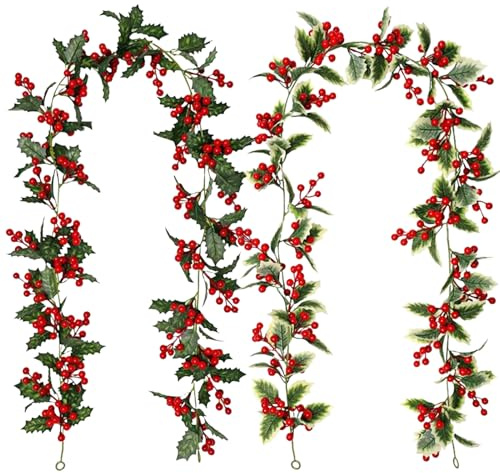 2X Beerengirlande Rot Deko,1,74M Rote Beeren Deko Weihnachtens Zweig, Stechpalme Künstliche Weihnachtsgirlande, Girlande Weihnachtens Mit Grünen Blättern Beeren, Weihnachtsdekorationen Für Außen Innen