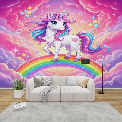 AevuCub Tapete Einhorn Mädchen, Fototapete Regenbogen Schlafzimmer, Tapeten Vliestapete Sterne Wolken Wohnzimmer, Wandtapete Kinderzimmer Rosa Wanddeko, Mustertapete Vlies 250 x 175 cm (B x H)