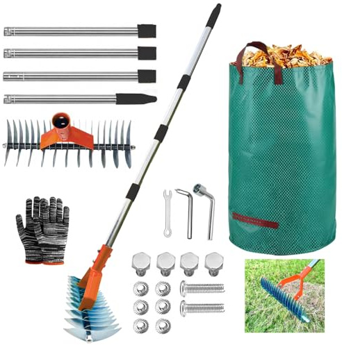 Rastrillo Escarificador para Césped con 163 cm Mango Telescópico,con Bolsa para residuos de jardín,Rastrillo Dethatcher Heavy Duty para Eliminar Hierba Muerta,Aflojar el Suelo (Naranja, 163cm)