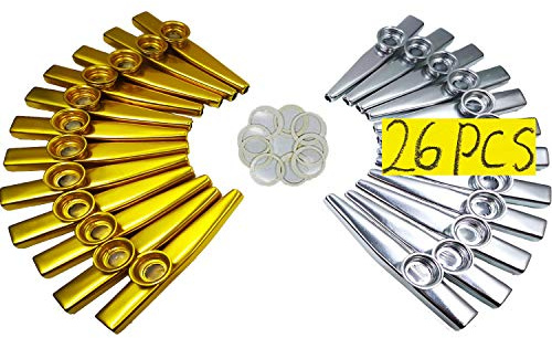 Fartime 26Pcs Metal Gold And Silver Kazoos With 20Pcs Kazoo Flute Diaphragms,Musical Instruments,Good Gift for Kids,A Good Companion for Ukulele, Violin, Guitar,Piano Keyboard.