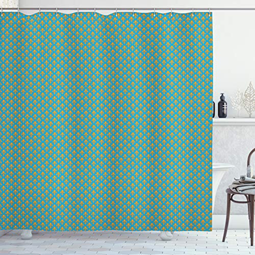 ABAKUHAUS Fleur De Lis Duschvorhang, Königliche heraldische Lilien, Stoffliches Gewebe Badezimmerdekorationsset mit Haken, 175 x 220 cm, Orange Sea Blue