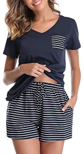 Vlazom Women's Pyjama Sets V-Neck Soft Loungewear Summer Pjs Set Cotton Short Sleeve Sleepwear with Pockets Drawstring Navy,XXL