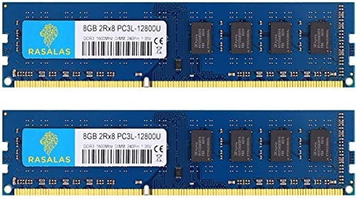 Rasalas PC3-12800U 16GB Kit DDR3 1600MHz (2x8GB) DDR3L 12800U Ram 2Rx8 DDR3L-1600 Udimm CL11 1.35V Desktop Computer RAM Memory