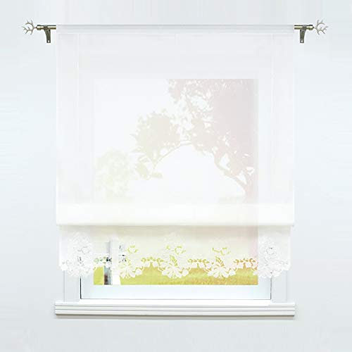 SCHOAL Raffrollo mit Tunnelzug Voile Raffgardine Weiß Transparente Küche Gardinen Bändchenrollo mit Blumen Stickerei 1 Stück BxH 140x155cm