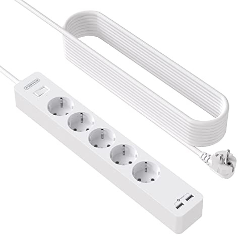 NTONPOWER 5 Fach Steckdosenleiste Wandmontage 5 Meter mit USB, Mehrfachsteckdose Überspannschutz Verwenden Sie Kleber, Langes Verlängerungskabel Kindersicherung, Weiß