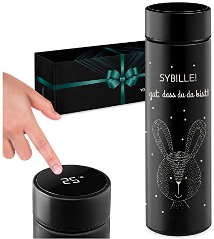 Maverton Thermobecher Kaffeebecher 450 ml - Isolierbecher personalisiert - 100% dicht - Led Temperatur Anzeige - aus Edelstahl - Geschenk für Frauen - schwarz - Hase