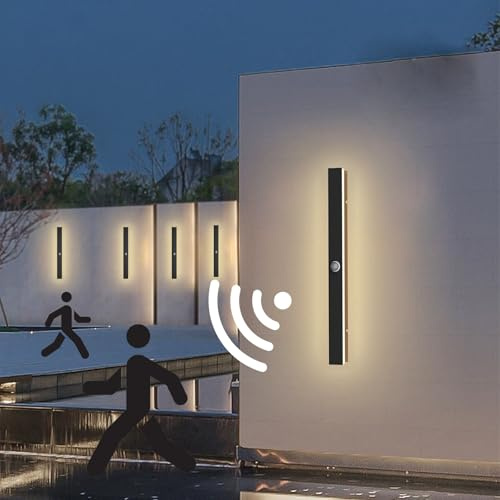 Langlich Aussen/Innen Wandleuchte mit Bewegungsmelder LED Warmweiß Edelstahl Moderne Flach Wandlampe Lang Schmal Up Down Wasserdicht IP65 Lichtleiste Wandbeleuchtung Flur Treppe Gärten 3000K,A,80cm