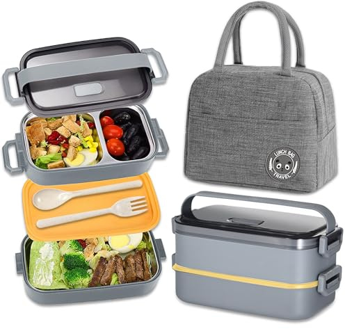 Haoh Edelstahl Brotdose Kit, 1100ml Edelstahl Lunch Box mit Besteck und Lunchtasche, Auslaufsichere Bento Box mit 3 fächern für Picknick Schule Büro Erwachsene(Grau)