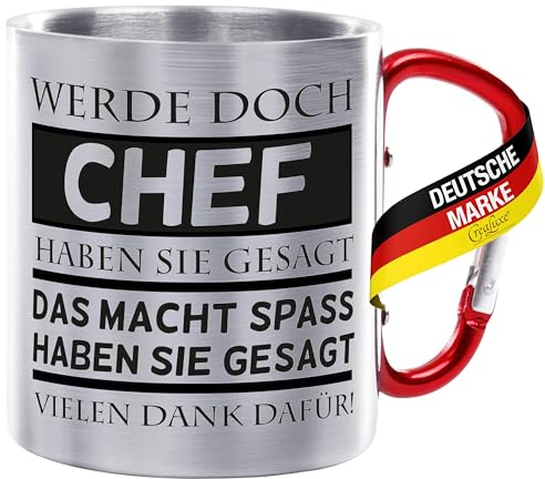 CreaLuxe Edelstahltasse mit Karabiner - Werde doch Chef haben sie gesagt - das macht Spass... - 330ml, Tasse bedruckt, Kaffeetasse, Bürozubehör, Metalltasse mit Name