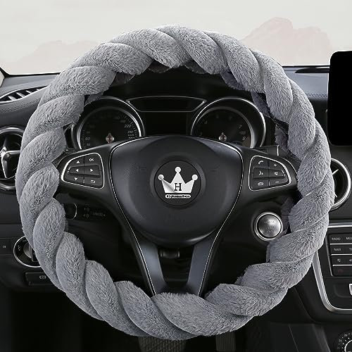 HighnessHwoo Luxury Fluffy Winter Car Steering Wheel Cover for Women Soft Warm Plush Cute Auto Accessories for Vehicle, Sedan, Universal, Fuzzy, Anti Slip, Grey, Standard Size(37-38cm)