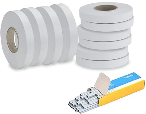 VIRSUS 10 Rotoli di Nastro Lunghezza 40 ml e 100 Micron, Nastri in PVC per Legatrice, Nastri Resistenti per Legare Pomodori, UVA, Fiori, Verdura, Viti + 10.000 Punti Metallici (Bianco)