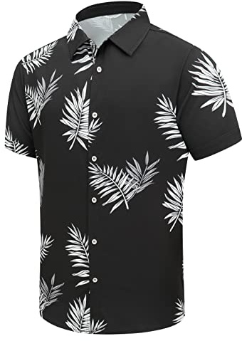 SheLucki Hawaiian Shirt for Men, Unisex Summer Beach Casual Short Sleeve Button Down Shirts, Printed Palmshadow Clothing Leaf Black 2XL