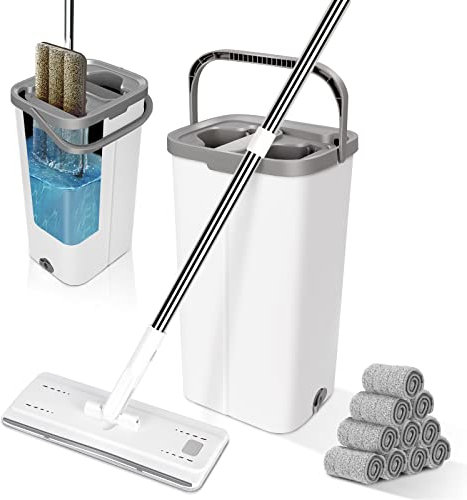 ZNM Kit Balai Serpillère et Seau Essoreur, Balai Serpillere Microfibre Plat avec 5 Serpillières Réutilisables & Lavables, 140 CM Poignée Réglable pour Nettoyage de Sol