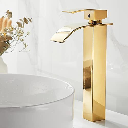 Armatur Aufsatzwaschbecken Gold Waschtischarmatur Wasserfall Mit Breiter Öffnung Spritzwassergeschützter Wasserhahn für Bad,Golden A