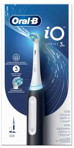 Oral-B iO 3 Brosse A Dents Electrique Noire, Pour Adultes, Modes De Nettoyage Avec Blancheur, Doux Pour Les Gencives, Capteur De Pression, Brossette Oral B De Rechange, Chargeur, Porte-Brossettes