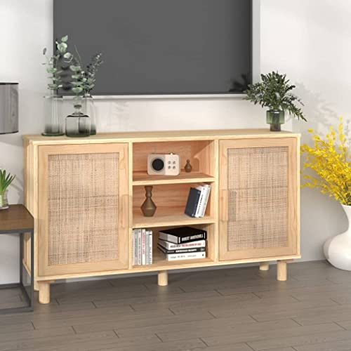 Homgoday Braunes Holzwerkstoff Sideboard mit Natur-Rattan Türen, 5 Fächer, 105 cm, für Wohnzimmer Model345641