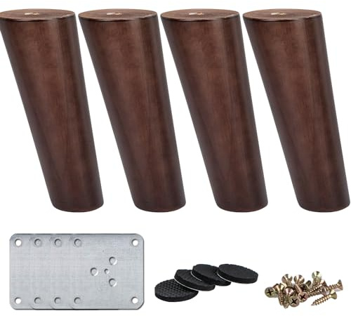 La Vane Massivholz Möbelfüße Walnuss 15cm Schräg konisch mit Platten 4 STK | Gummiholz mit matter Klarlack, 200+kg Belastbarkeit, inkl Pads & Hardware, Einfache DIY Montage für Sofa/Bett/Schrank/Tisch