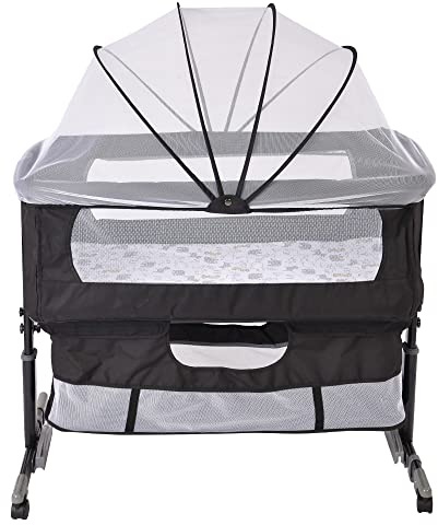 Cododo Babywiege, höhenverstellbar, Babybett mit weicher Matratze und Moskitonetz, 4 Räder, für Babys von 1 bis 36 Monaten (92 x 58 x 70 – 90 cm, schwarz)