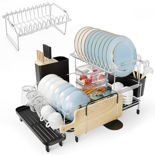COSTWAY 2 Tier Dish Drainer, Metal Dish Drying Rack with Removable Dish Rack, Drip Tray, 360° Swivel Spout, Cup Holder & Utensil Holder, Plate Draining Board Rack for Kitchen Counter
