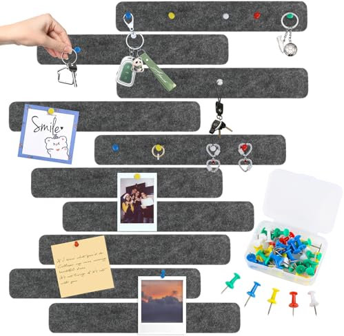 10 Stück Filzpinnwand selbstklebend mit 50 Stecknadeln, 33 x 5cm Pinnwände Stangenleisten Korkbrett Memo Boards Fotos Filzbrett Pinnwand Wanddekoration für Büro, Schlafzimmer, Küche (Grau)