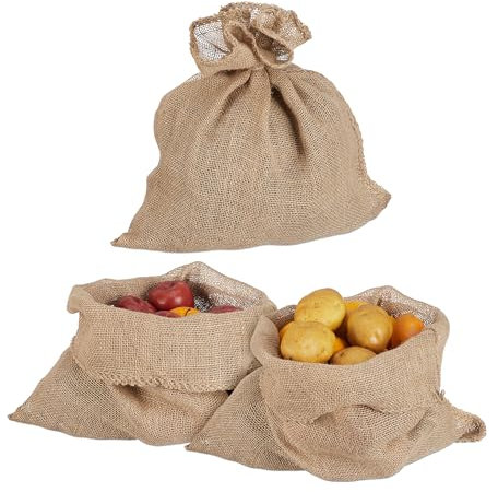 Relaxdays Set di 3 Sacchi di Iuta Grandi HxL: 55 x 50 cm, Set 3 Sacchetti Juta per Piante in Inverno, per Patate e Noci, Naturale