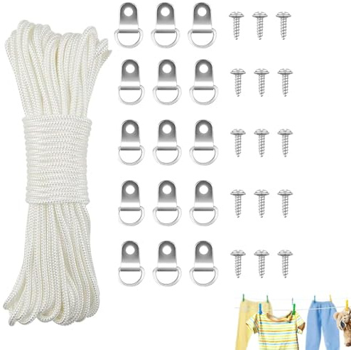 QQDBT Cavo per Foto da 15 m*3 mm, Cavo per Appendere Foto Cavo in Nylon Resistente Bianco per Cornice per Foto a Specchio con 15 Ganci per Appendere e 15 Viti per Appendere Foto. Cornice per Foto,