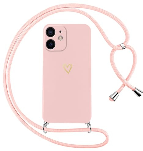 Oelrstfe Handyband für iPhone 12 Hülle mit Band Herz Motiv Handyhülle für zum Umhängen Silikon Stoßfest Ultra Dünn Weich Schutzhülle mit Kordel Necklace Kette Gold Love Muster Case Cover,Rosa