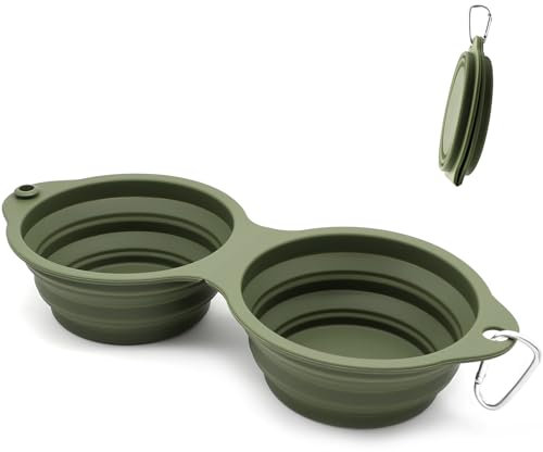 SLSON Hundenäpfe Faltbare Integrierter Reisenapf ohne Plastikrand 2 in 1 Haustierfutter Schüssel für Wandern Camping, Grün