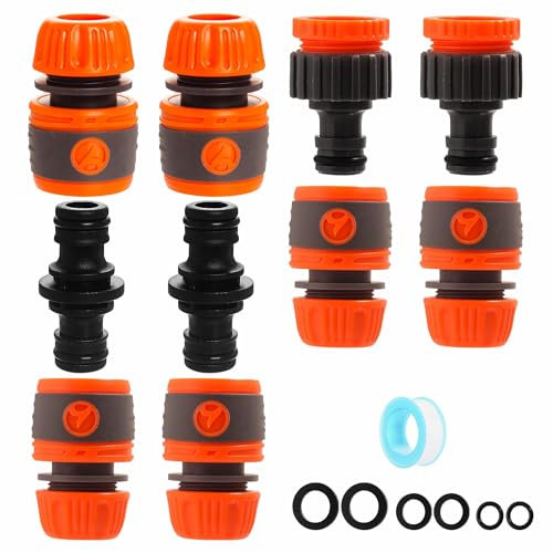 Garden Hose Connectors and Fittings Set 10Pcs, Tap Connector for Outdoor Hose 1/2 & 3/4 BSP, Double Male Snap Connectors, Quick Release Adapters for Tap to Pipe Joining